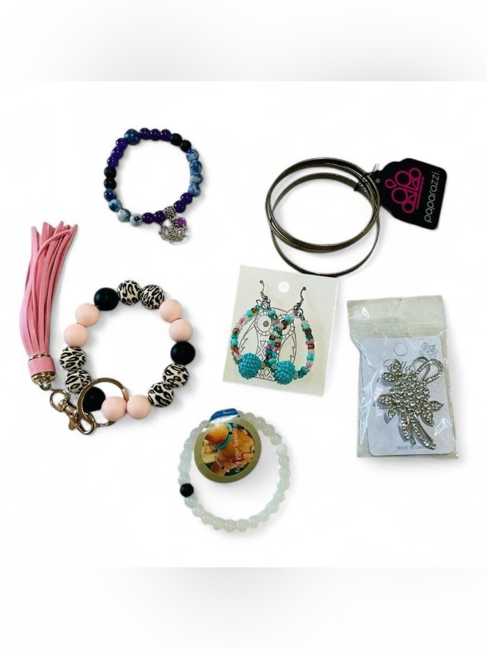 Boho Jewelry Lot Bracelets Earrings Brooch Keychain Holder